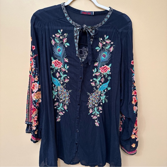Johnny Was navy Blouse with Colorful Embroidery - Picture 2 of 11